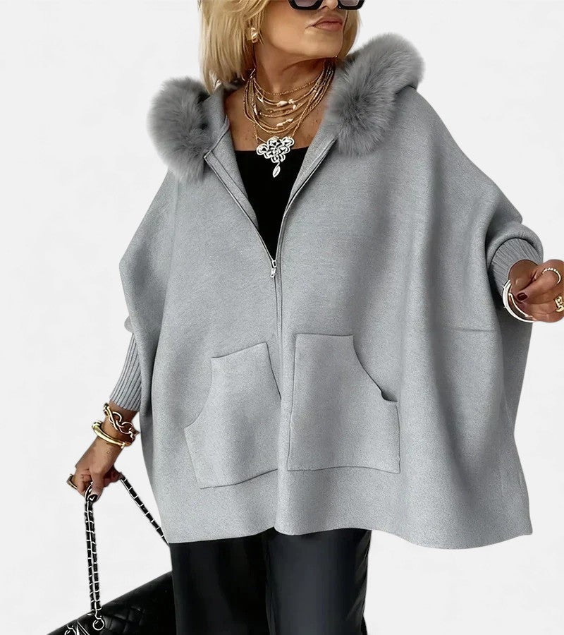 Women's Oversized Zip-Up Cape Jacket with Faux Fur Trim