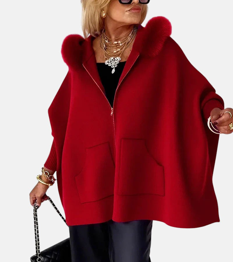 Women's Oversized Zip-Up Cape Jacket with Faux Fur Trim
