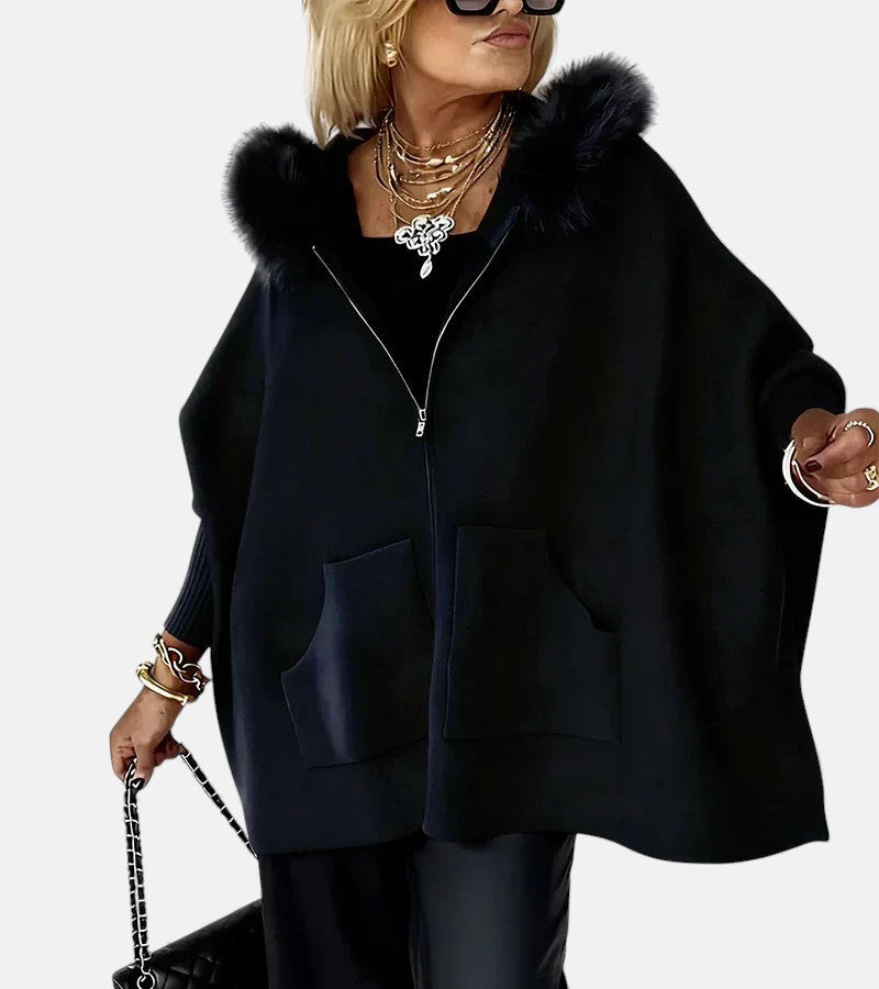 Women's Oversized Zip-Up Cape Jacket with Faux Fur Trim