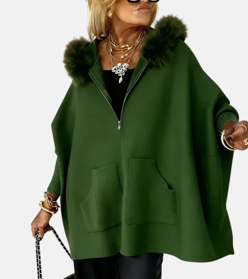 Women's Oversized Zip-Up Cape Jacket with Faux Fur Trim