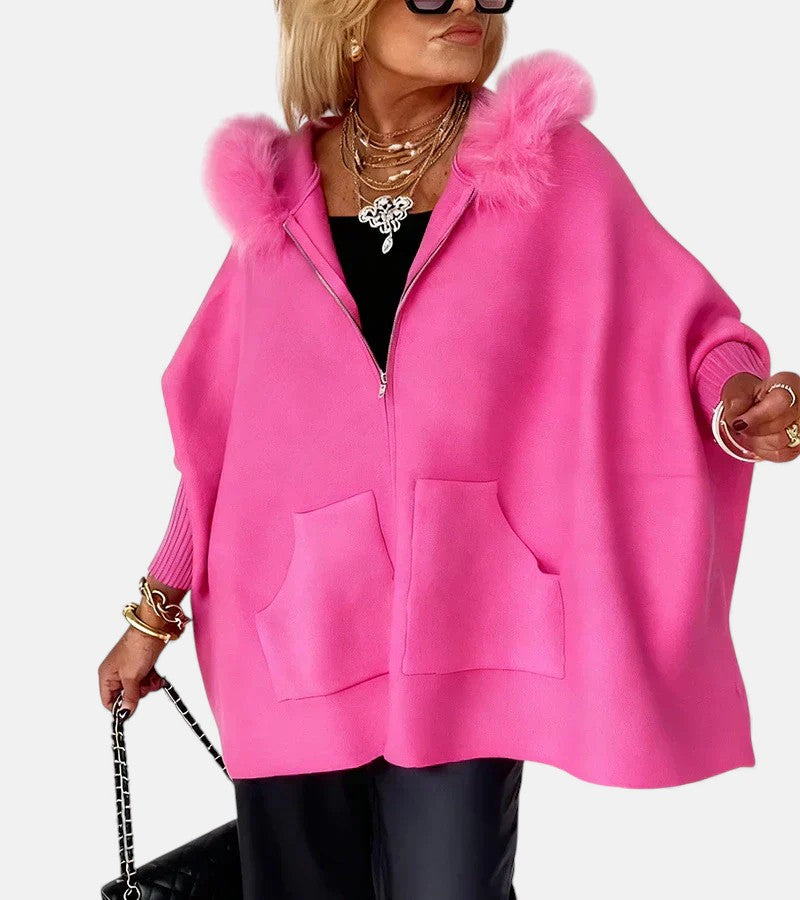 Women's Oversized Zip-Up Cape Jacket with Faux Fur Trim