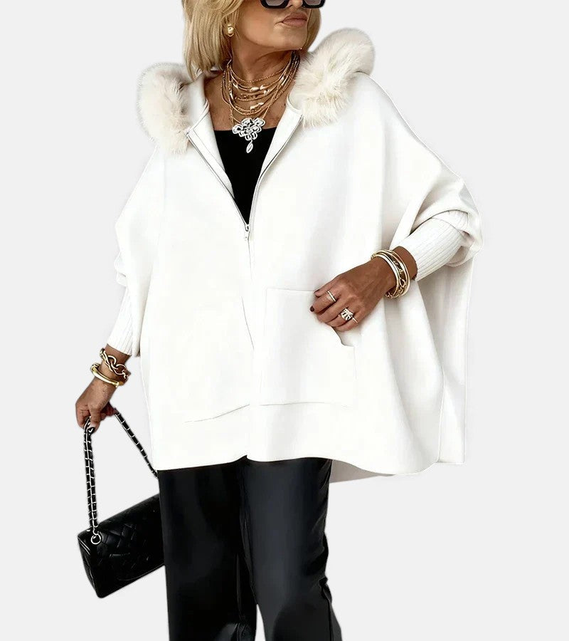 Women's Oversized Zip-Up Cape Jacket with Faux Fur Trim
