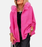 Women's Oversized Zip-Up Cape Jacket with Faux Fur Trim