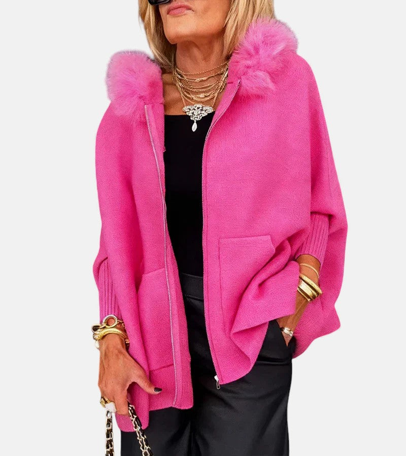 Women's Oversized Zip-Up Cape Jacket with Faux Fur Trim