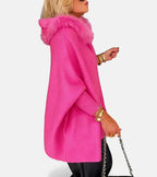 Women's Oversized Zip-Up Cape Jacket with Faux Fur Trim