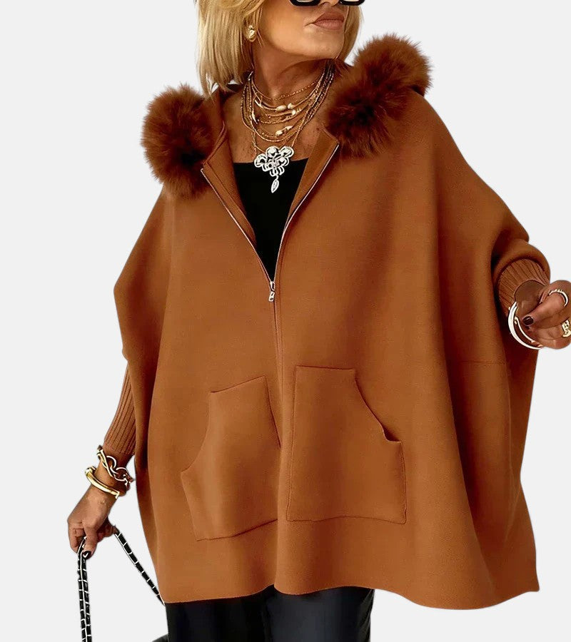Women's Oversized Zip-Up Cape Jacket with Faux Fur Trim