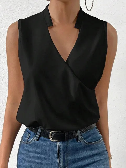 Women's Sleeveless Wrap-Style Blouse with V-Neck