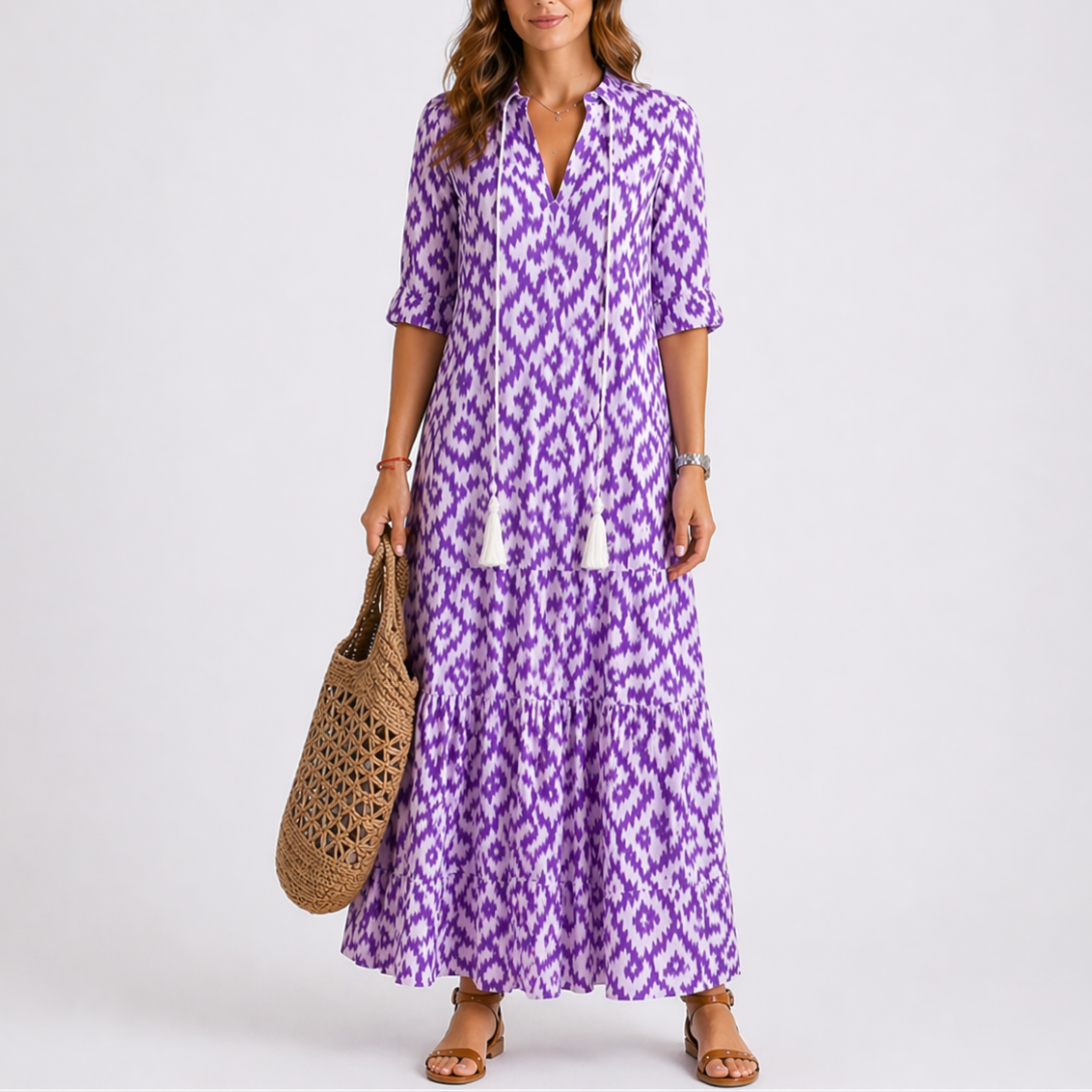 Robe maxi imprimée pour femme avec col à nouer à pompons