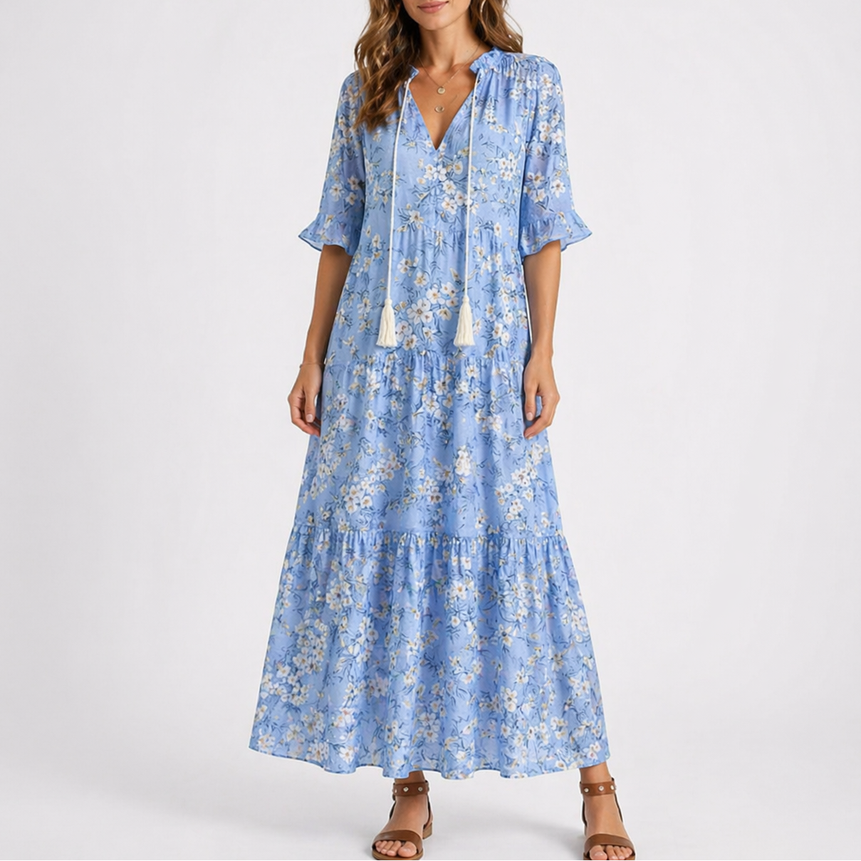 Robe maxi imprimée pour femme avec col à nouer à pompons