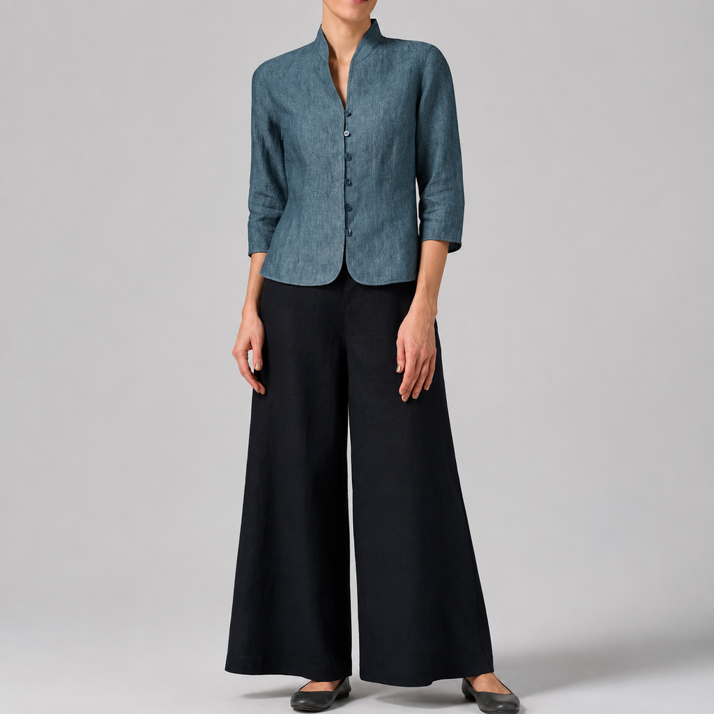 Damenblazer mit Mandarin-Kragen, Knopfleiste und dreiviertellangen Ärmeln