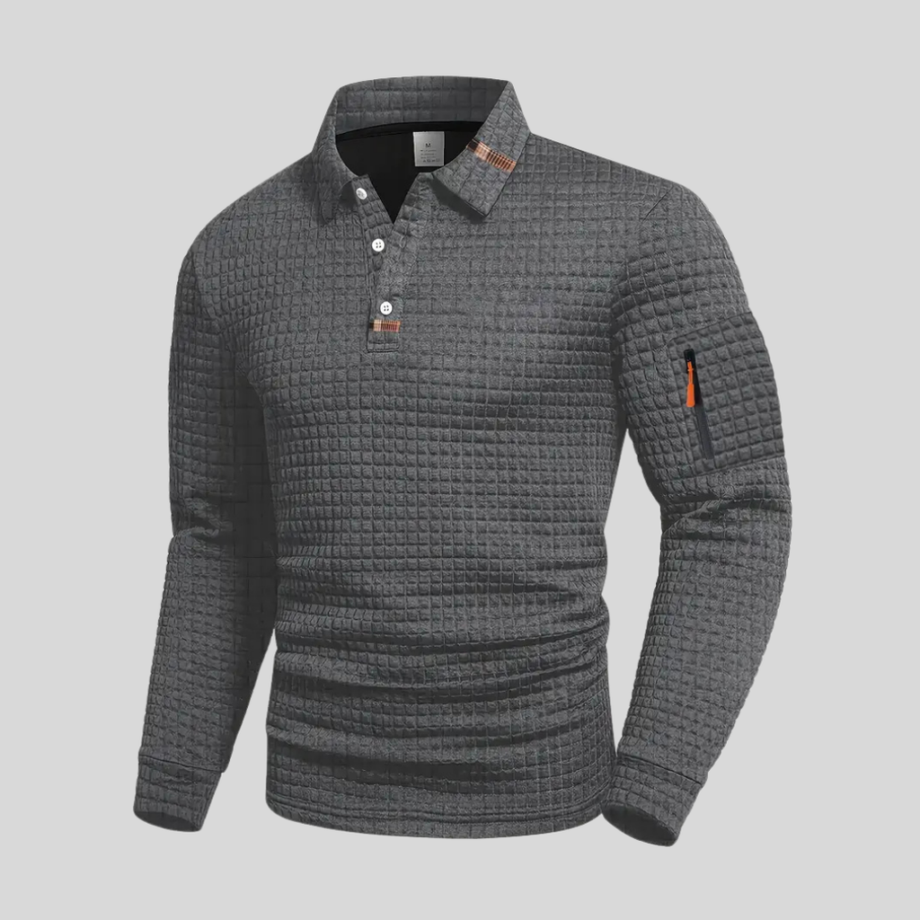 Polo à manches longues texturé pour homme avec fermeture à boutons quart de zip