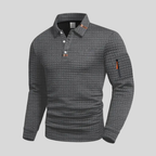 Polo à manches longues texturé pour homme avec fermeture à boutons quart de zip