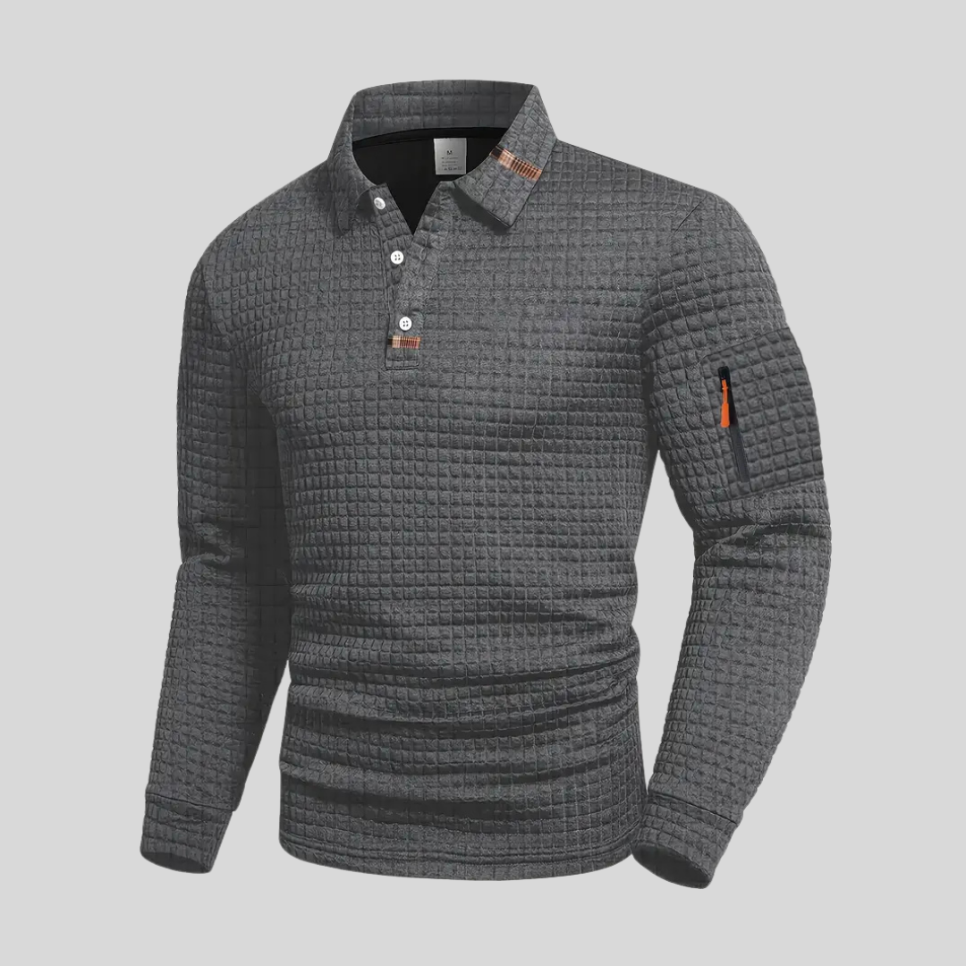 Polo à manches longues texturé pour homme avec fermeture à boutons quart de zip