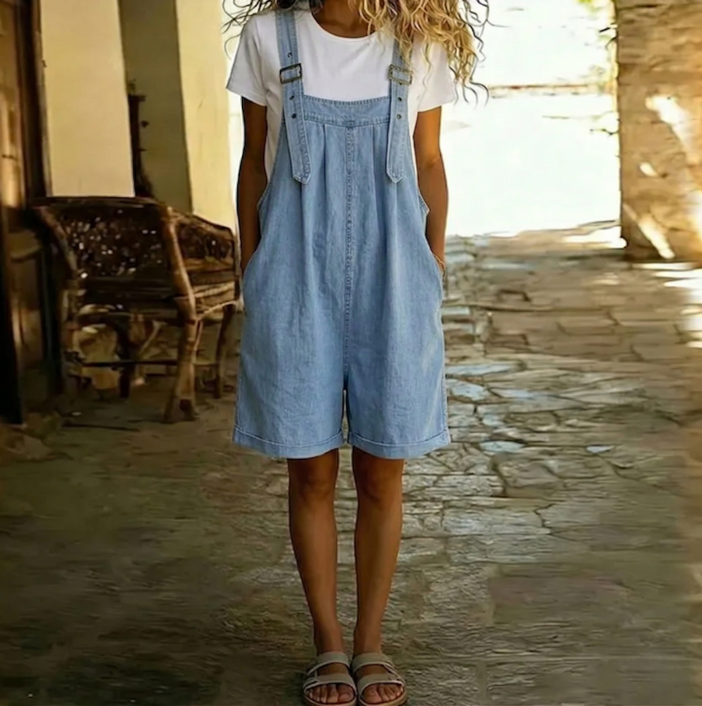 Dame-jardineer i denim med bermudashorts