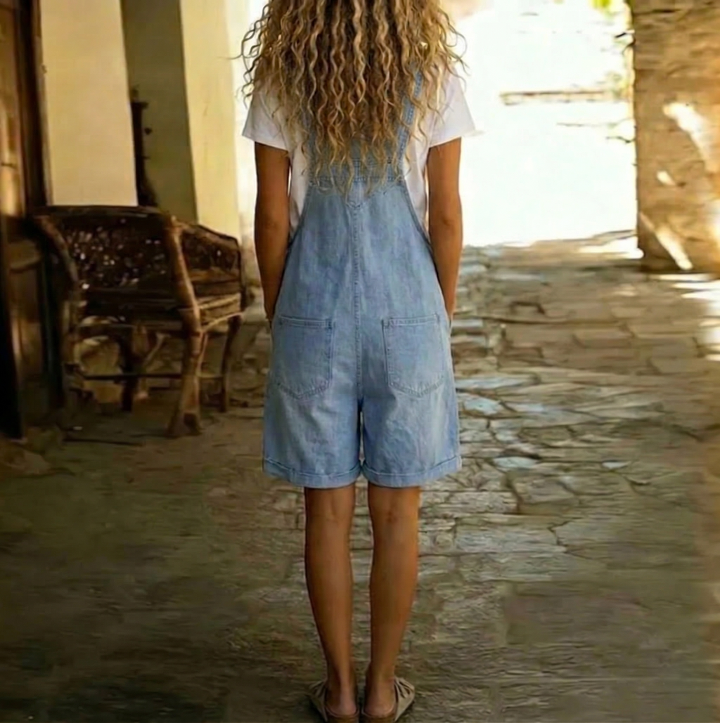 Dame-jardineer i denim med bermudashorts