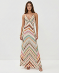 Damen Boho Maxikleid mit Chevron-Muster, tiefem V-Ausschnitt, verstellbaren Spaghettiträgern und schmeichelhafter schlanker Passform