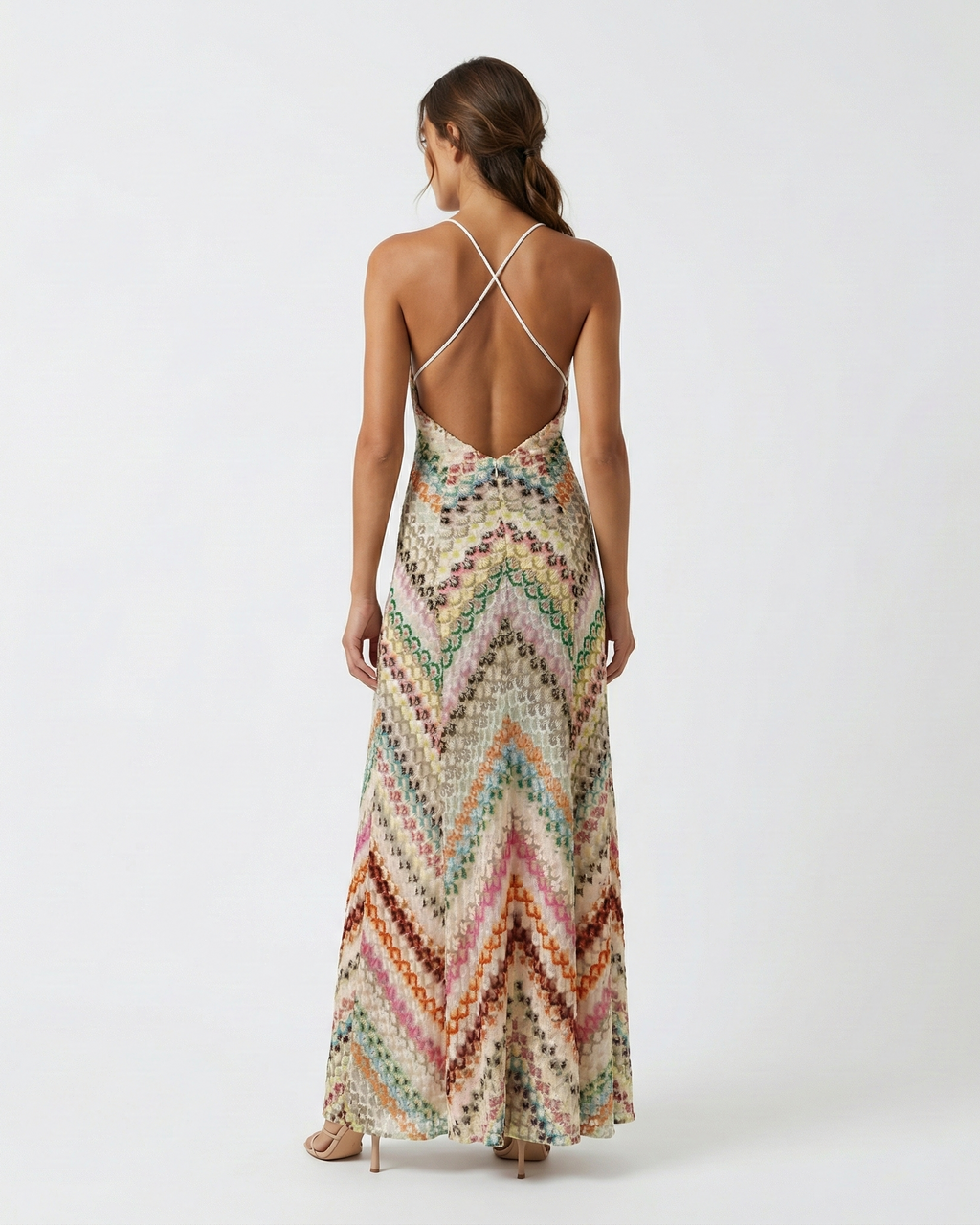 Damen Boho Maxikleid mit Chevron-Muster, tiefem V-Ausschnitt, verstellbaren Spaghettiträgern und schmeichelhafter schlanker Passform