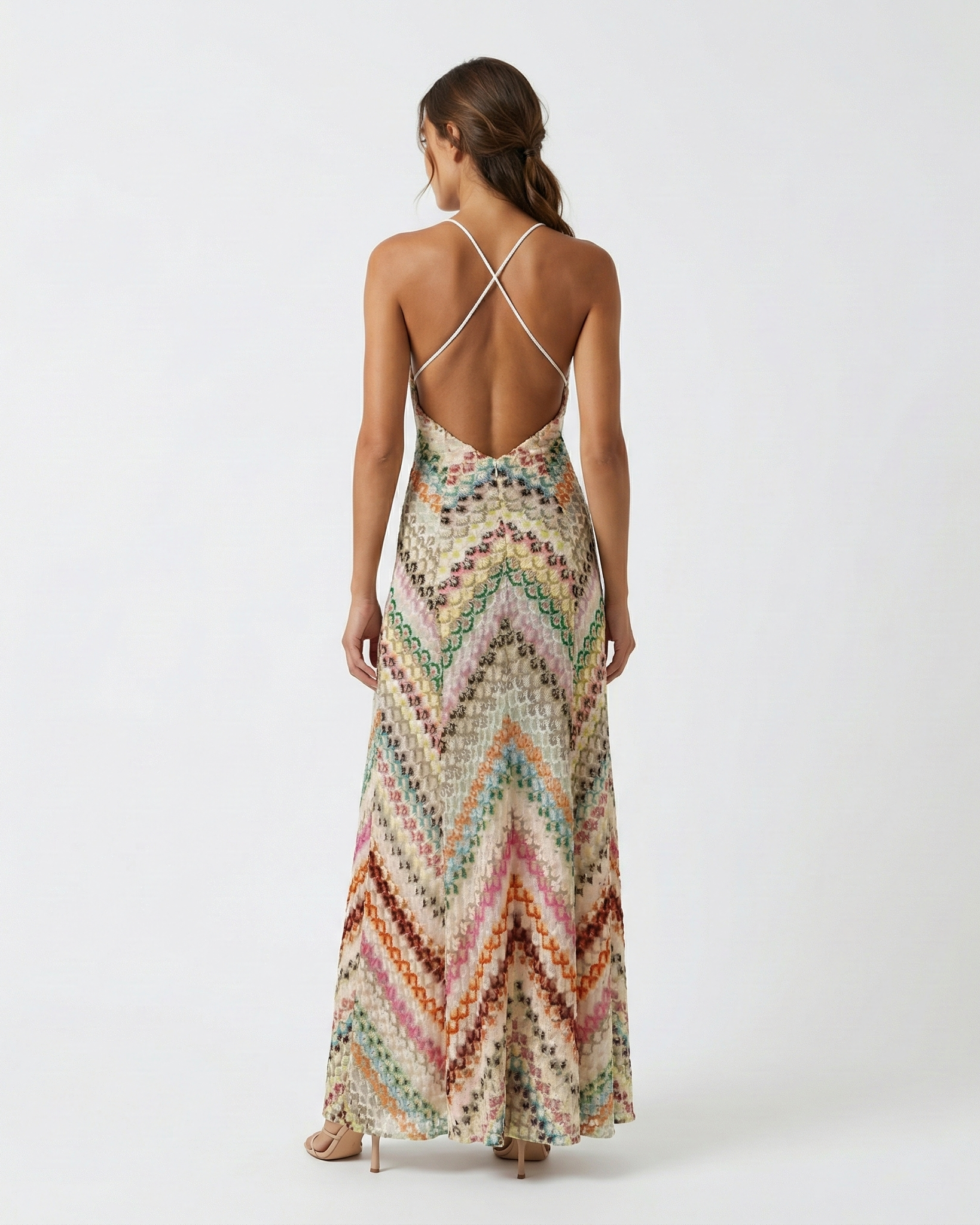 Damen Boho Maxikleid mit Chevron-Muster, tiefem V-Ausschnitt, verstellbaren Spaghettiträgern und schmeichelhafter schlanker Passform