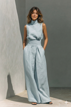Women's Linen Blend Two-Piece Set with High-Neck Top and Wide-Leg Trousers