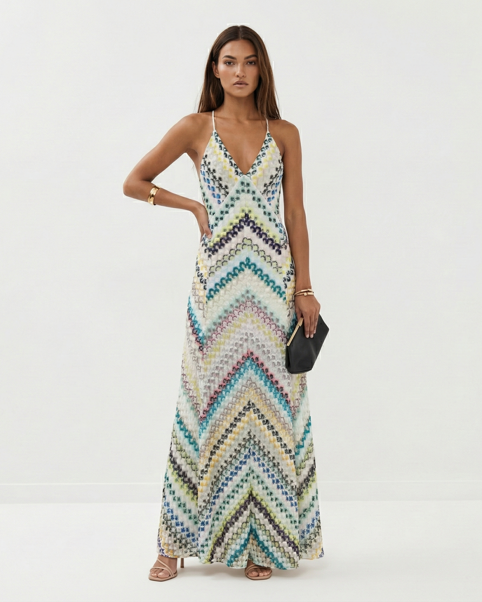 Damen Boho Maxikleid mit Chevron-Muster, tiefem V-Ausschnitt, verstellbaren Spaghettiträgern und schmeichelhafter schlanker Passform