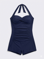 Women's Halter Swimsuit with Shaping Ruching and Built-In Shorts