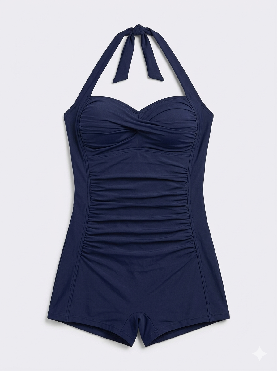 Women's Halter Swimsuit with Shaping Ruching and Built-In Shorts