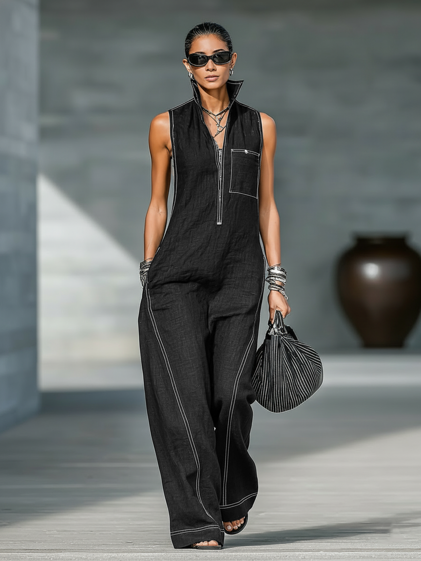 Ärmelloser Damen-Jumpsuit mit Reißverschluss vorne und weitem Bein