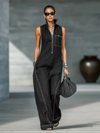 Ärmelloser Damen-Jumpsuit mit Reißverschluss vorne und weitem Bein