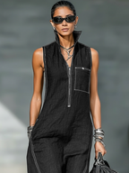 Ärmelloser Damen-Jumpsuit mit Reißverschluss vorne und weitem Bein
