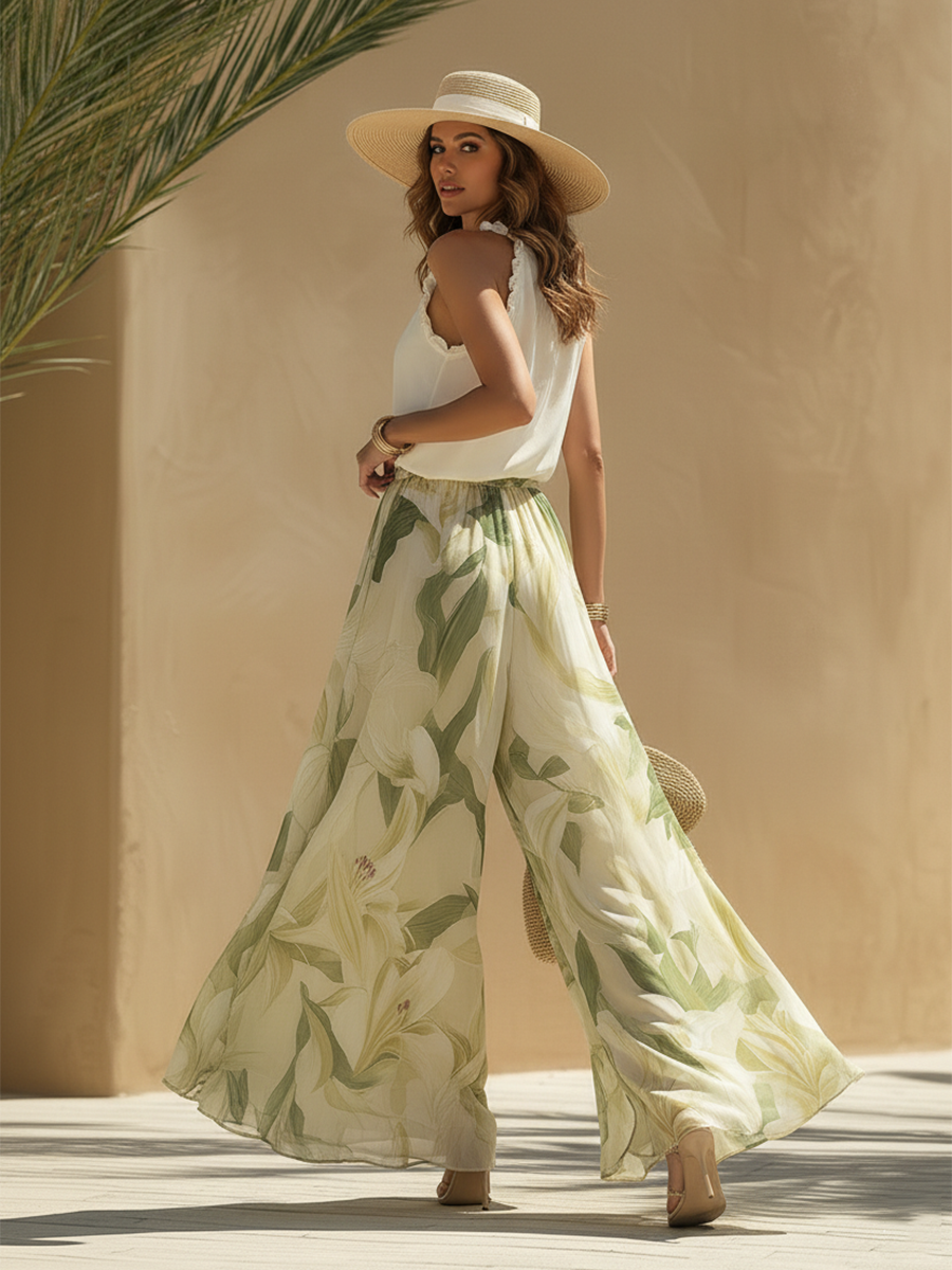 Women's Floral Two-Piece Set with Halterneck Top and Maxi Skirt