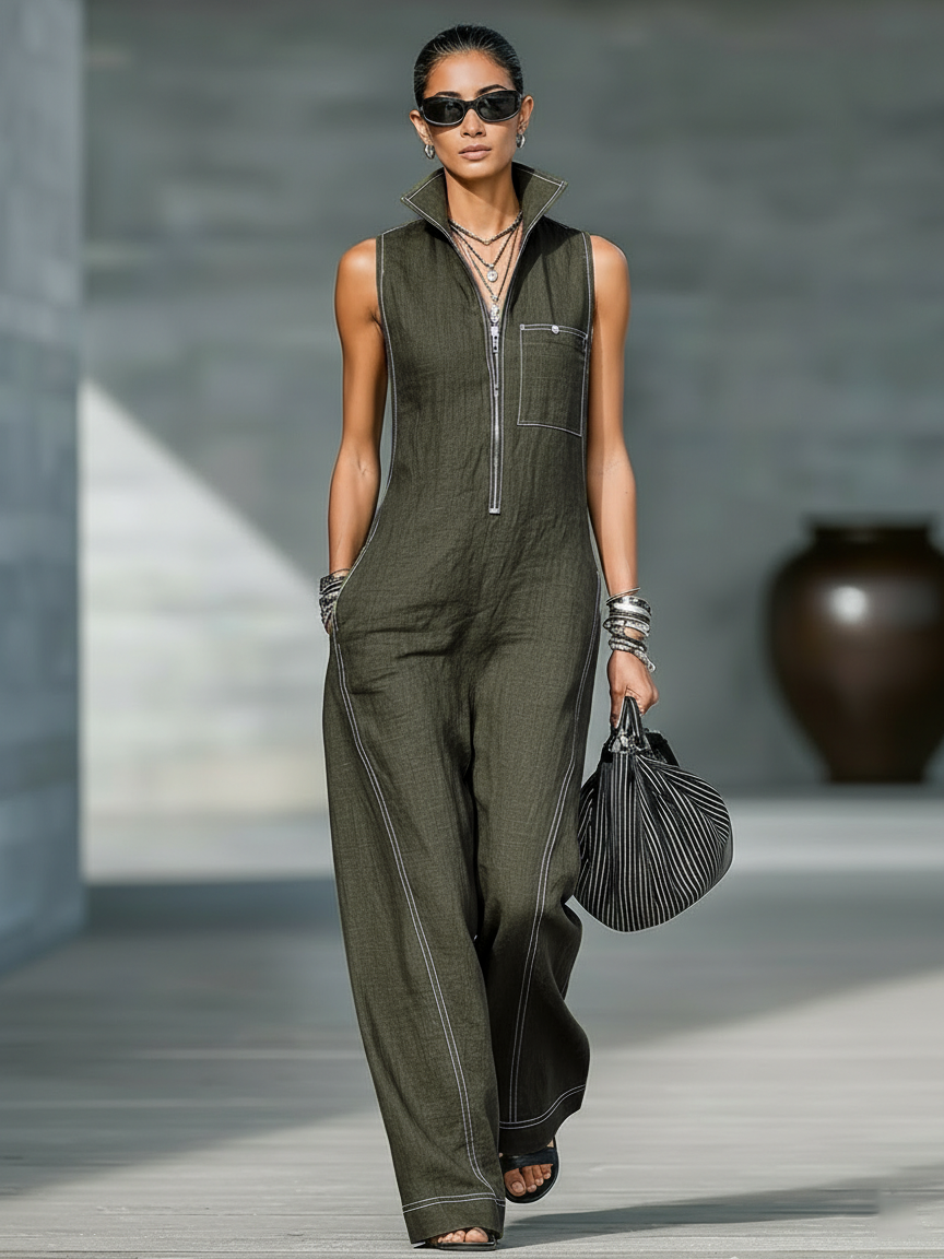 Women's Sleeveless Zip Front Wide Leg Jumpsuit