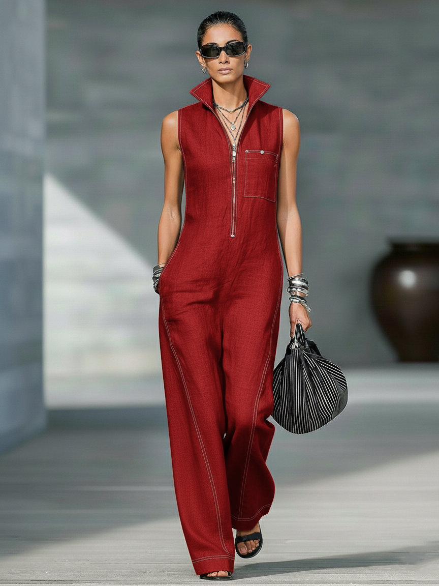 Women's Sleeveless Zip Front Wide Leg Jumpsuit