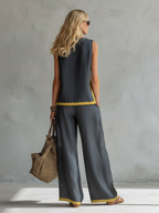 Women's Sleeveless Contrast Trim Top and Wide Leg Trouser Set