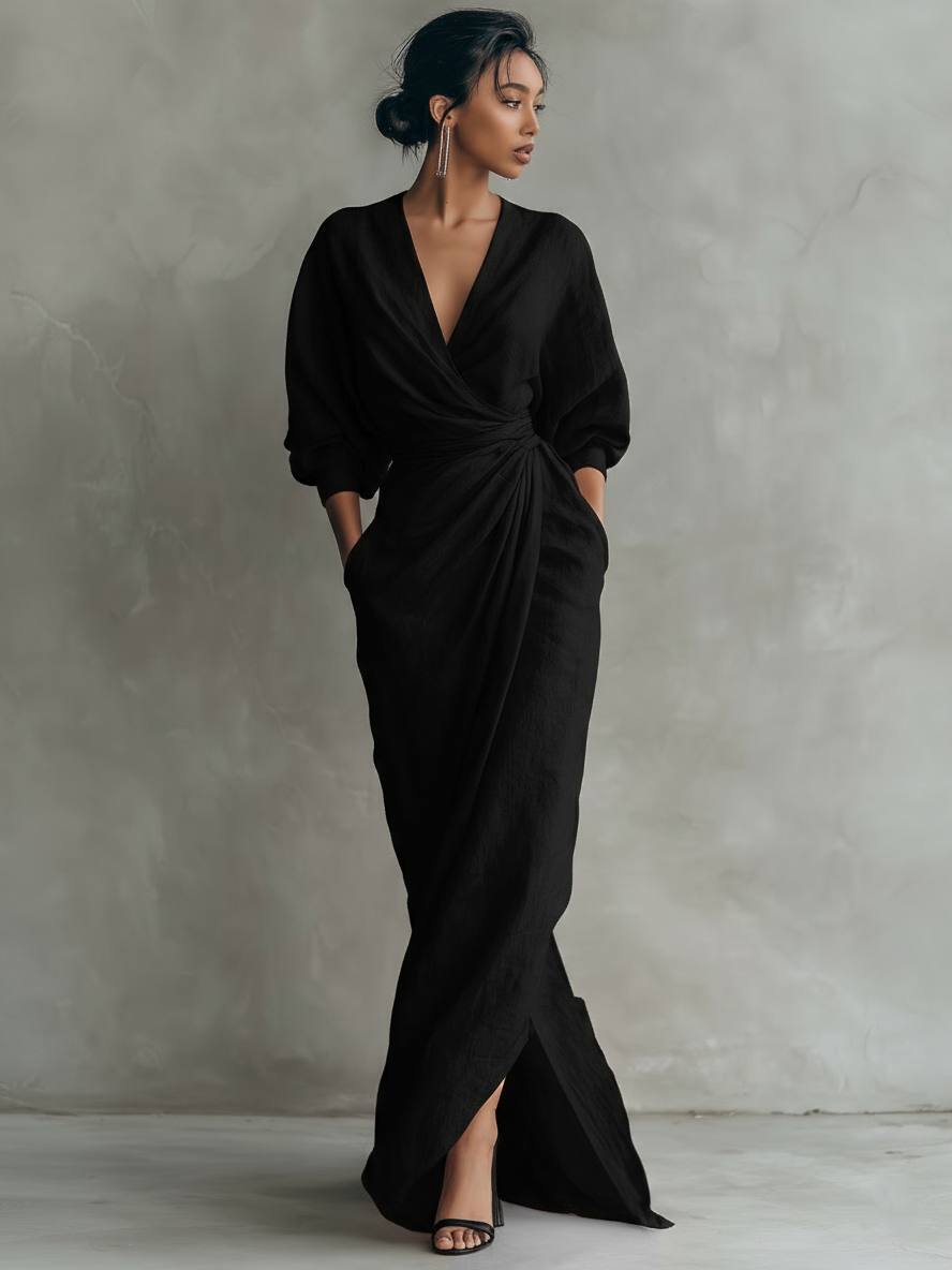 Robe maxi portefeuille drapée à col en V pour femme avec détail de taille torsadée