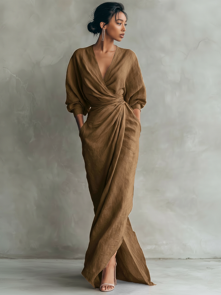 Robe maxi portefeuille drapée à col en V pour femme avec détail de taille torsadée