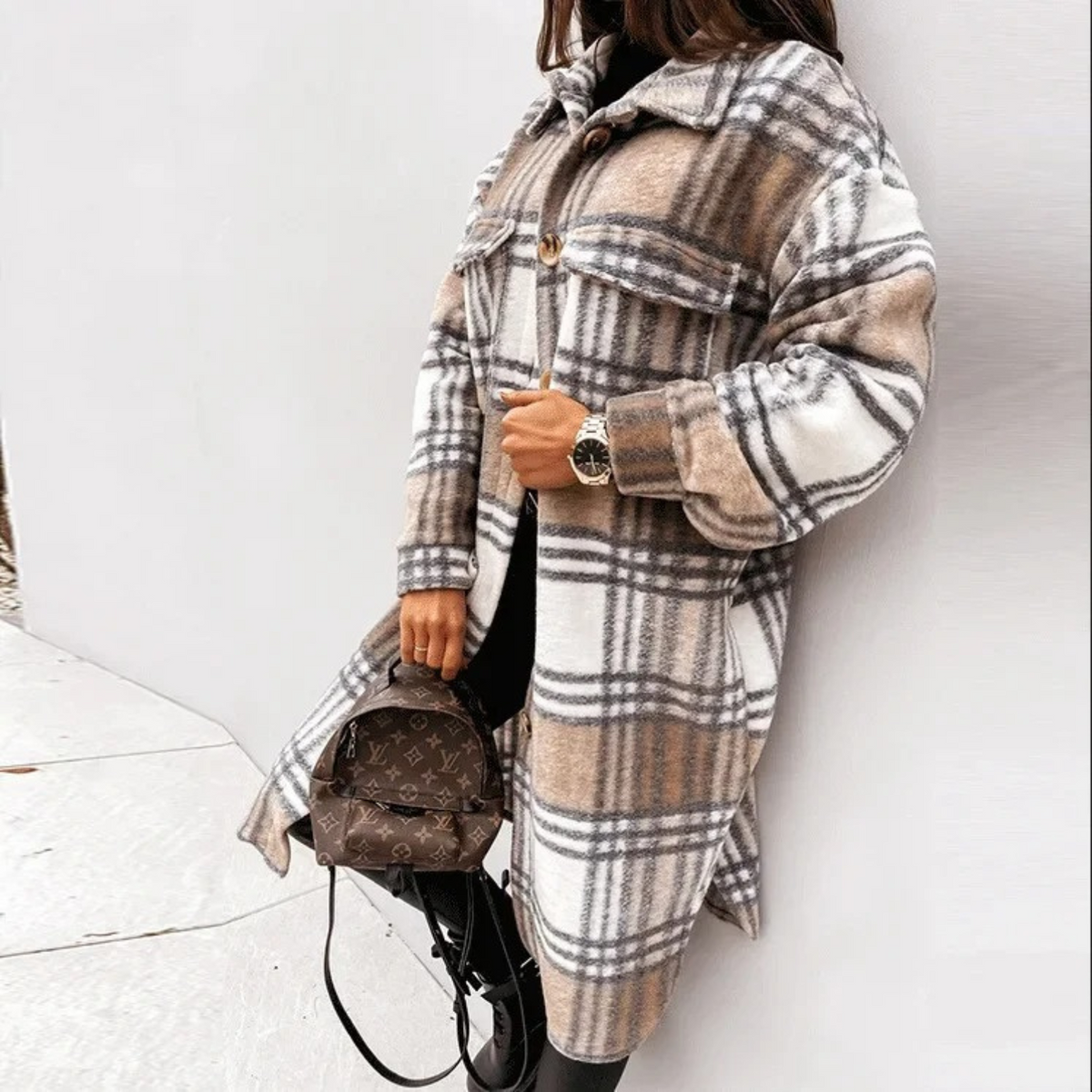Women's Longline Plaid Button-Front Coat