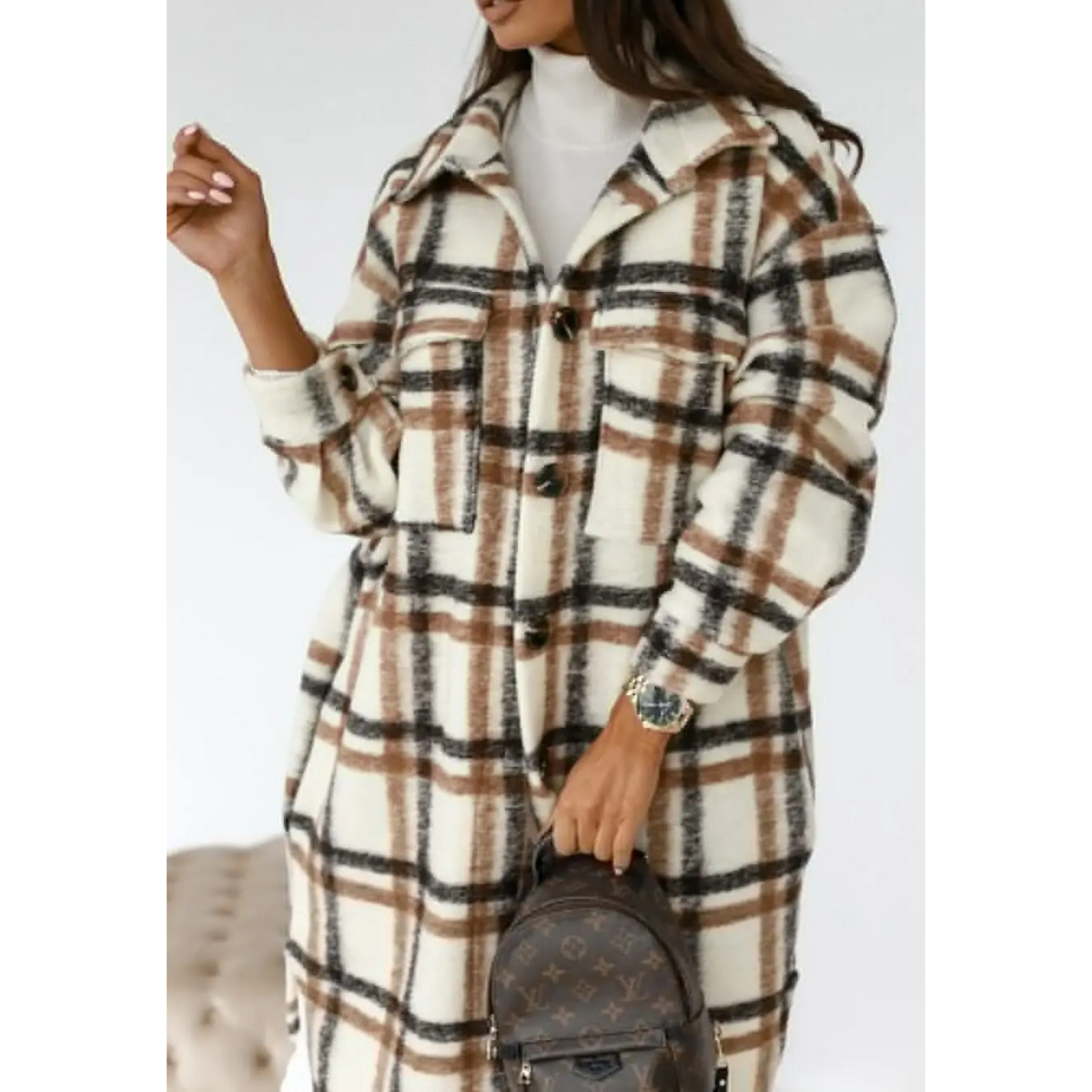 Women's Longline Plaid Button-Front Coat