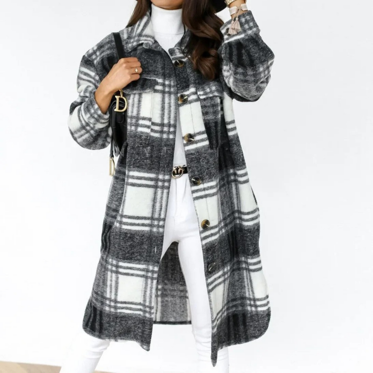 Women's Longline Plaid Button-Front Coat