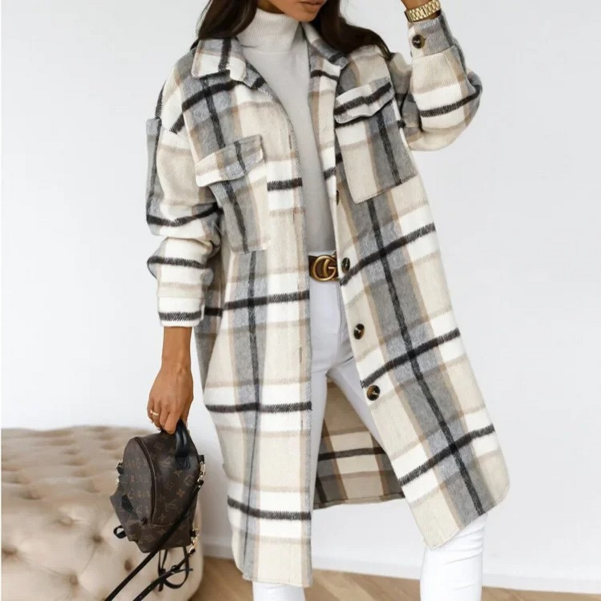 Manteau long à carreaux pour femme, boutonné sur le devant
