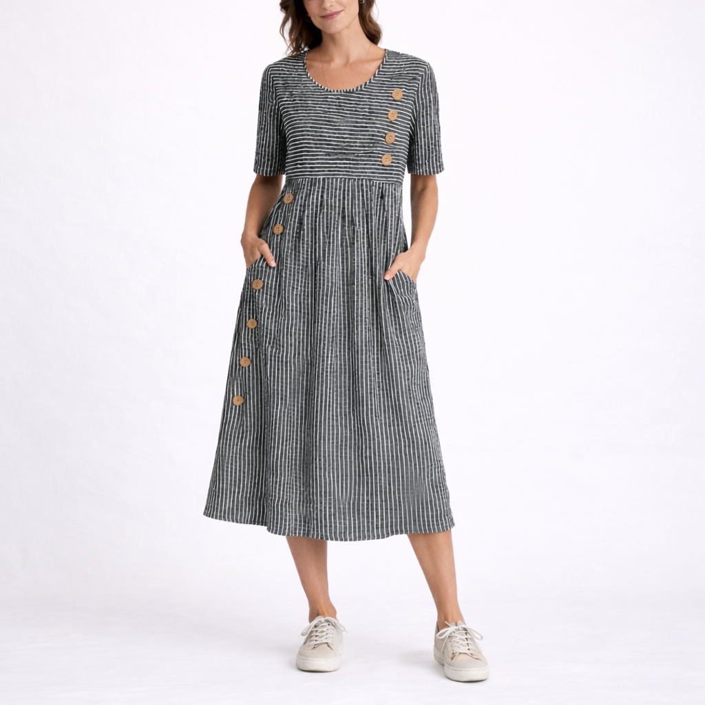 Gestreiftes Midikleid für Damen mit dekorativem Knopfdetail, kurzen Ärmeln und Seitentaschen
