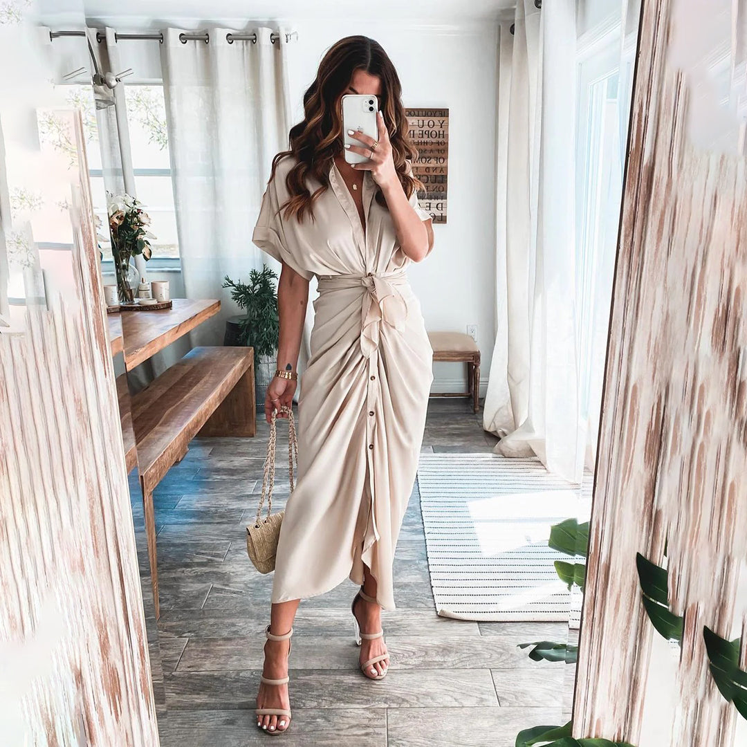 Damen-Midikleid mit Knopfleiste und Taillengürtel für eleganten Alltagslook