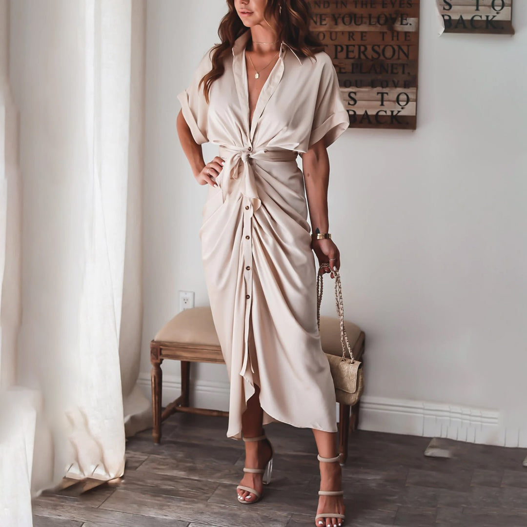 Damen-Midikleid mit Knopfleiste und Taillengürtel für eleganten Alltagslook