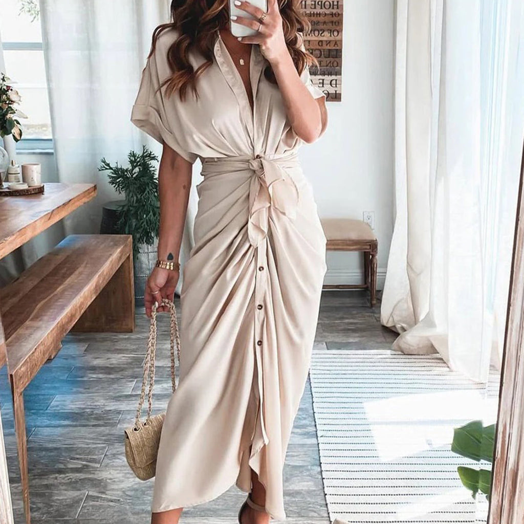 Damen-Midikleid mit Knopfleiste und Taillengürtel für eleganten Alltagslook