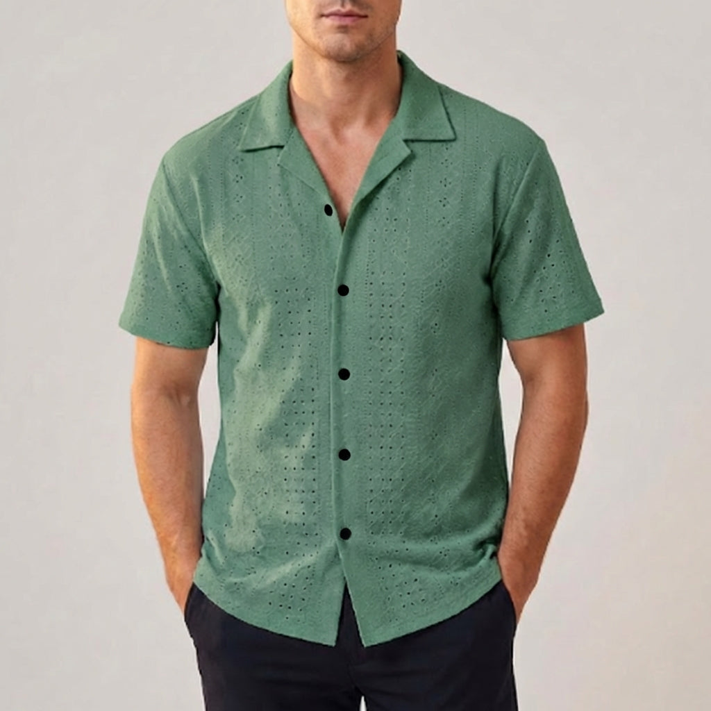 Men's Perforated Cotton Blend Shirt with Short Sleeves and Relaxed Fit