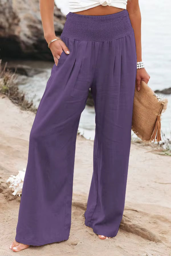 Damenhose mit gerafftem Bund, hoher Taille und weitem Bein, locker und fließend geschnitten