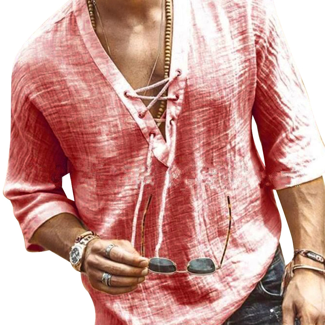 Men's Lace-Up V-Neck Casual Shirt with Relaxed Fit
