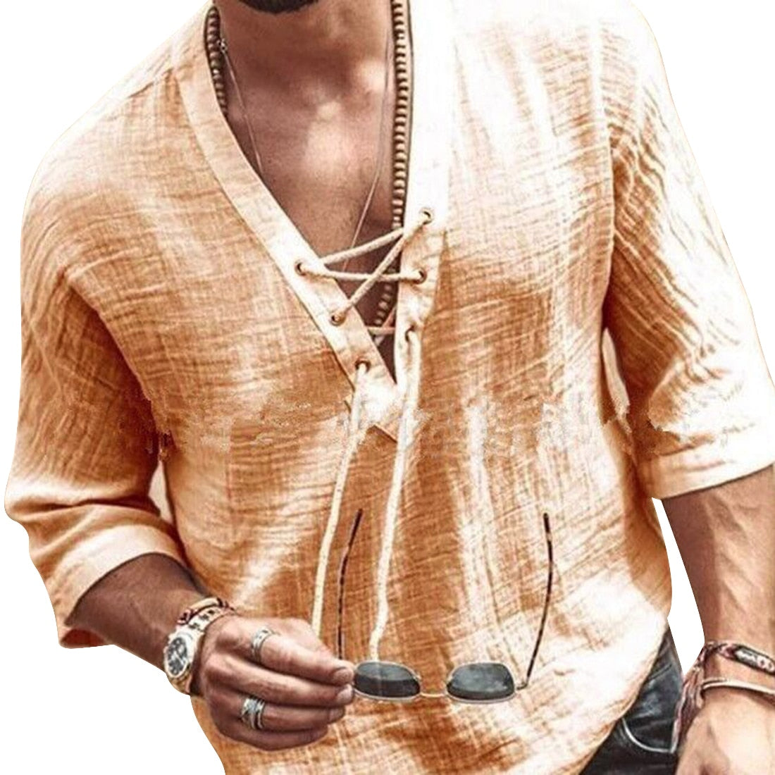 Men's Lace-Up V-Neck Casual Shirt with Relaxed Fit