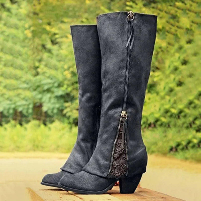 Women's Knee-High Lace Detail Side Zip Boots