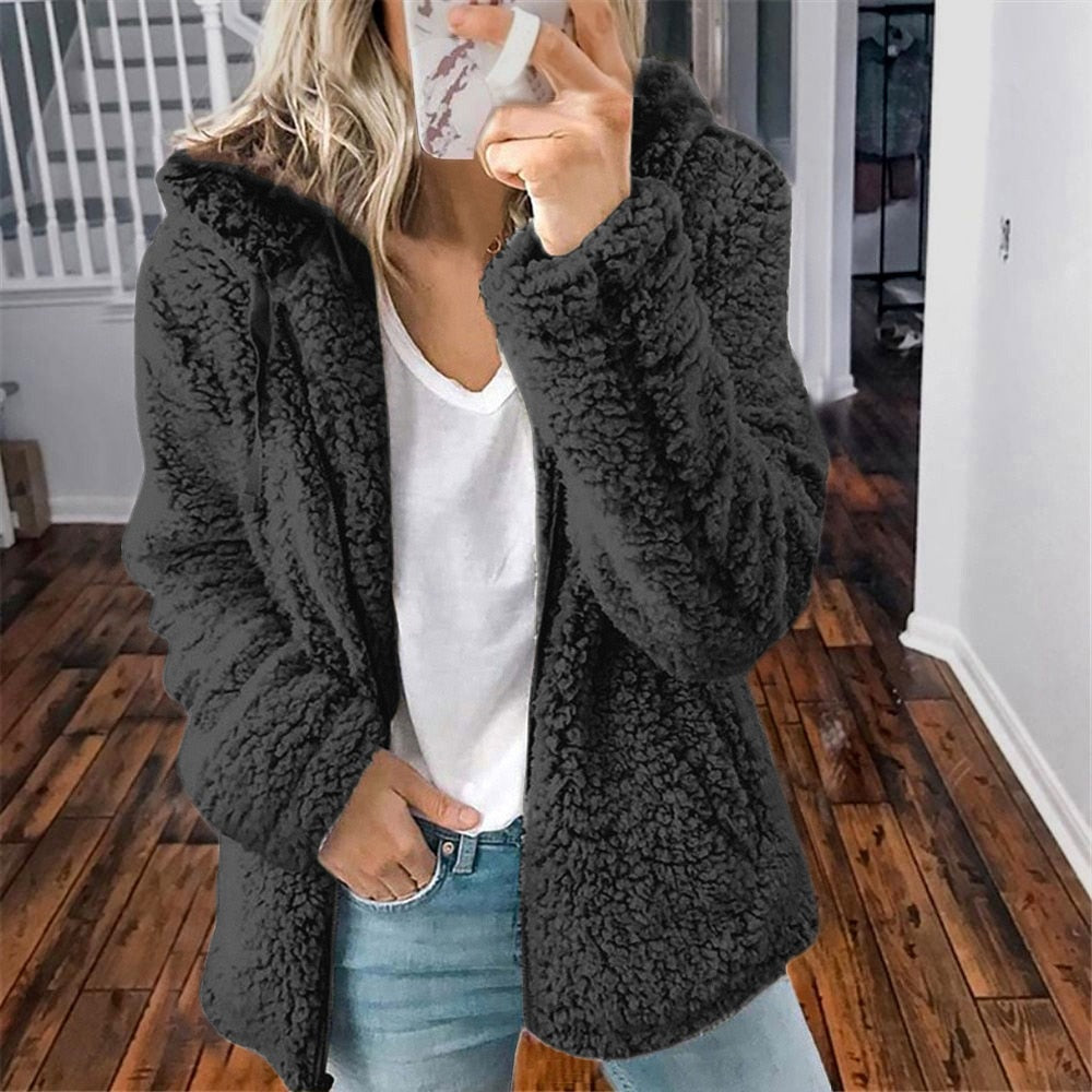 Women's Hooded Sherpa Fleece Jacket With Zip Front