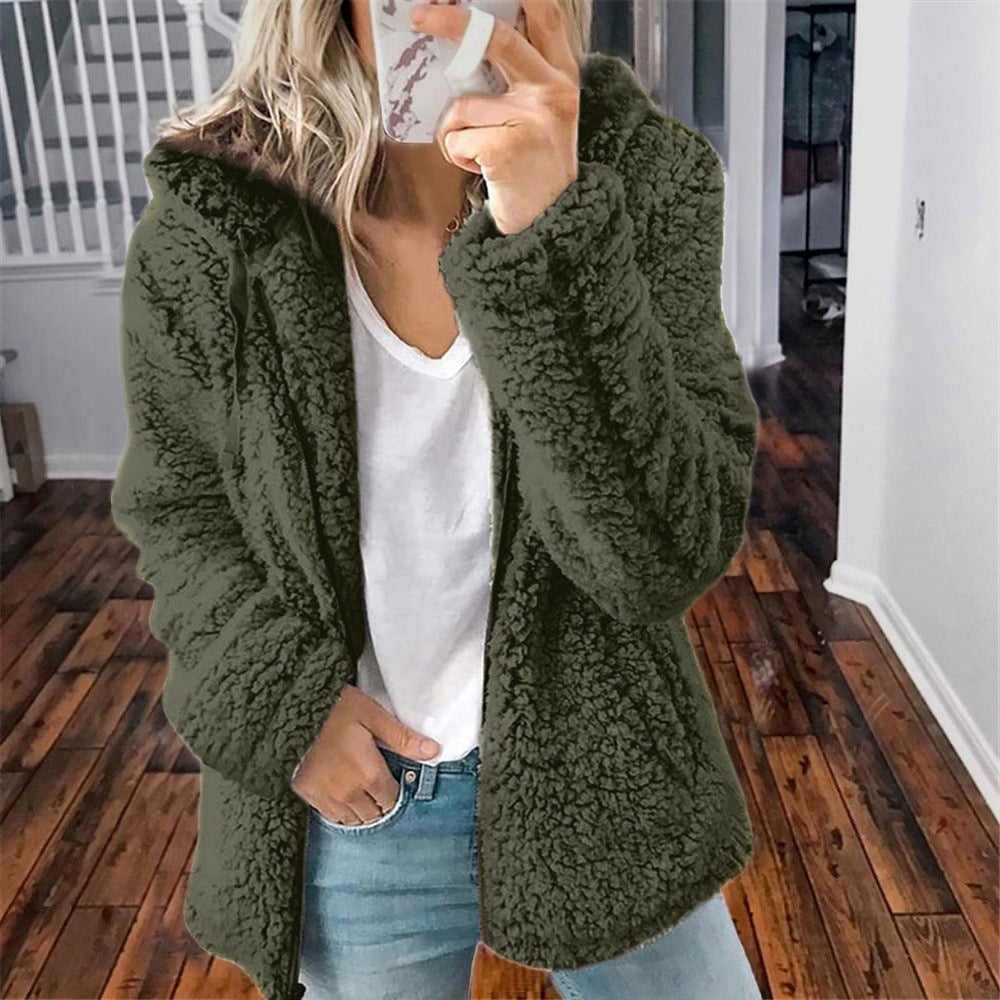 Women's Hooded Sherpa Fleece Jacket With Zip Front